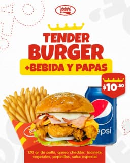 TENDER BURGER +PAPAS Y BEBIDA